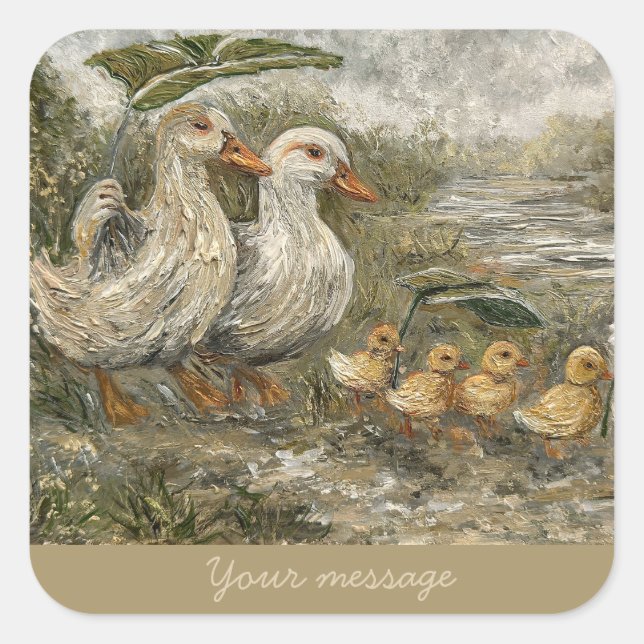 Adesivo Quadrado Morning Commute Whimsical Farmhouse Duck Rainy Day (Frente)