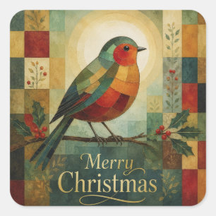 Adesivo Quadrado Mosaico de Natal Robin Pássaro Azevinho Fruta