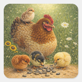 Adesivo Quadrado Mother Hen with Chicks Feeding on Sunflower Seeds 