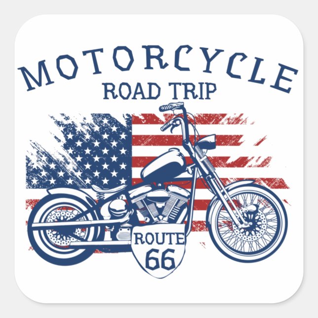 Adesivo Quadrado Motorcycle Road Trip Route 66 USA Flag (Frente)