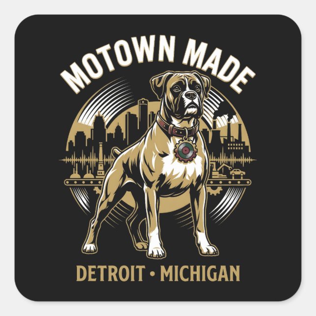 Adesivo Quadrado Motown Made Detroit Boxer Dog Labor & Music Pride  (Frente)