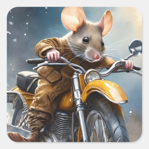 Adesivo Quadrado Mouse Adorável Dirigindo uma Moto