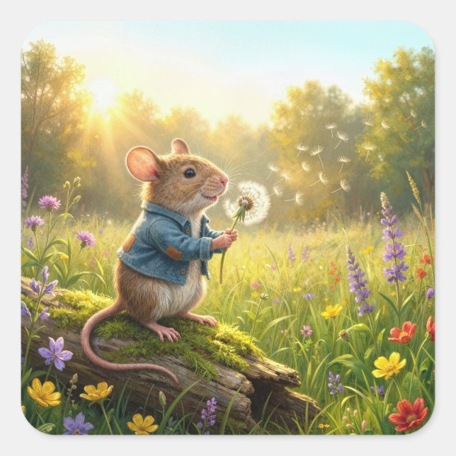 Adesivo Quadrado Mouse Blowing Dandelion Seedlings (Frente)