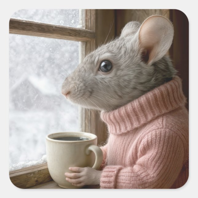 Adesivo Quadrado Mouse With a Cup of Coffee (Frente)