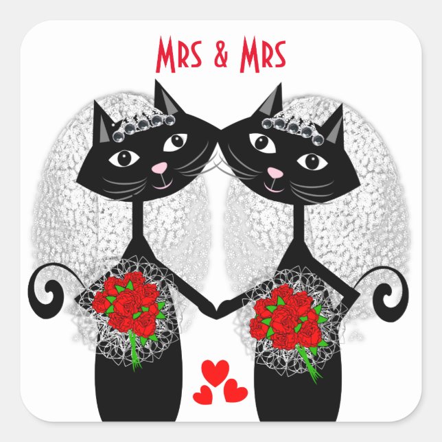 Adesivo Quadrado Mrs + Mrs Lesbian Marriage Cat Cute Brides Wedding (Frente)