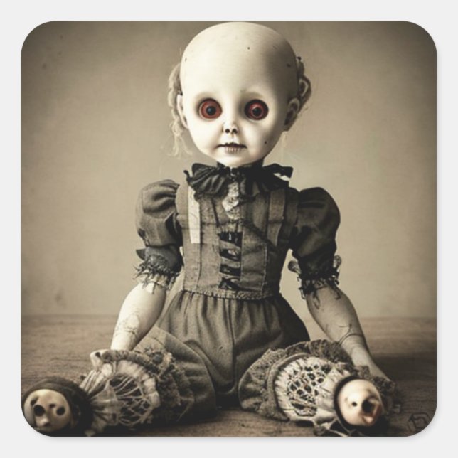 Adesivo Quadrado Muito Assustador Vintage Doll Halloween (Frente)