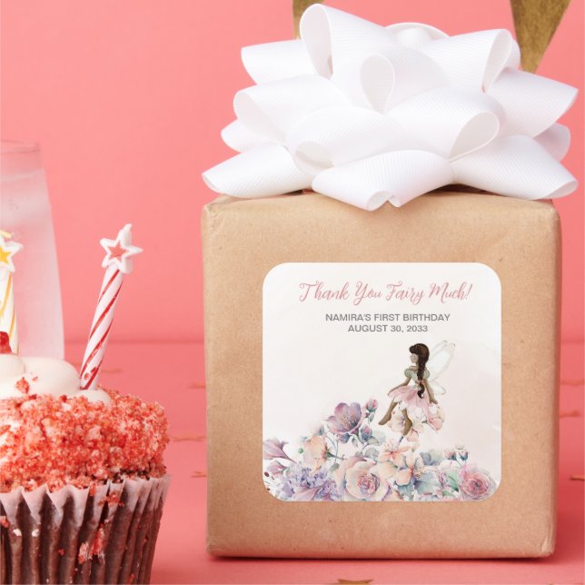 Adesivo Quadrado Muito Obrigado Fada, Muito Favor De Aniversário (Festa)