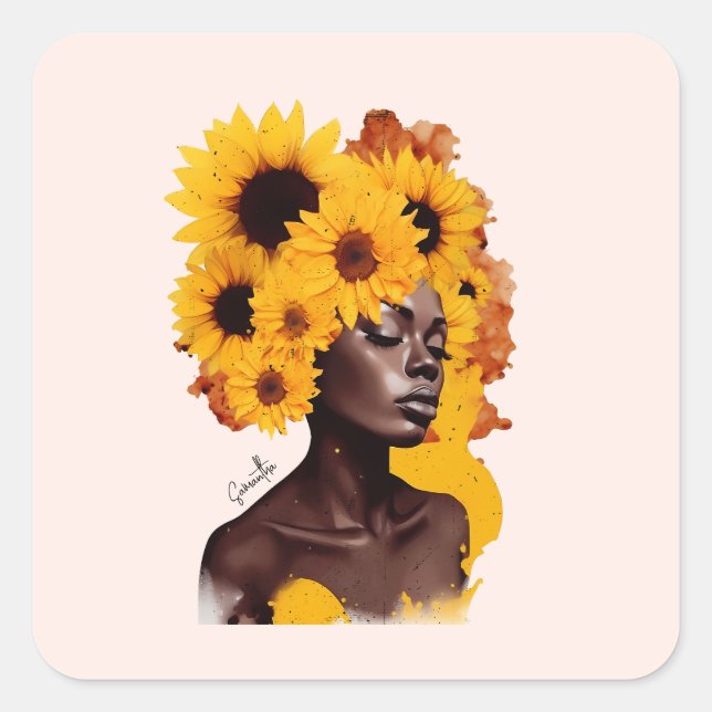 Adesivo Quadrado Mulher afro-americana com afro afro girassol (Frente)
