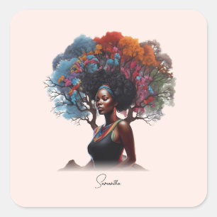 Adesivo Quadrado Mulher afro-americana com cabelo estragado em árvo