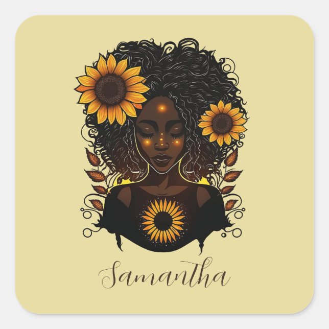Adesivo Quadrado Mulher Afro Rainha Sunflower (Frente)