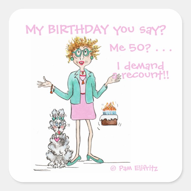 Adesivo Quadrado Mulher Assertiva Exige um desenho animado de 50 an (Frente)