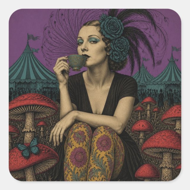 Adesivo Quadrado Mulher Bebe Chá no Circo (Frente)