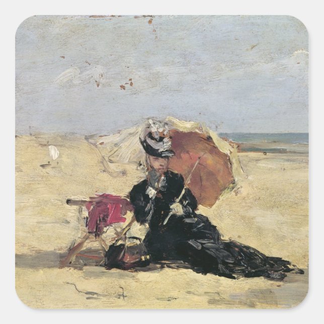 Adesivo Quadrado Mulher com Parasol na Praia, 1880 (Frente)