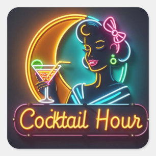 Adesivo Quadrado Mulher da Hora do Coquetel com Letreiro de Neon de
