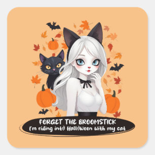 Adesivo Quadrado Mulher de anime com gato preto.