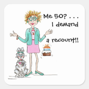 Adesivo Quadrado Mulher de cabelos vermelhos faz 50 anos e protesto