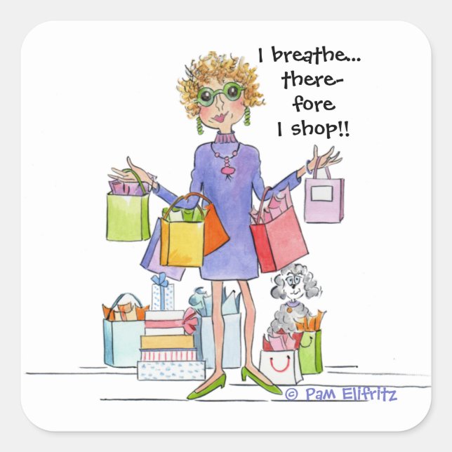 Adesivo Quadrado Mulher do Cartoon Watercolor respirará e Comprará (Frente)