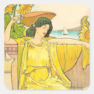 Adesivo Quadrado Mulher do Girassol Art Nouveau Ilustração Vintage