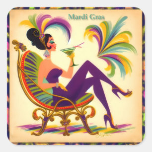 Adesivo Quadrado Mulher do Mardi Gras de Meados do Século com um Ma