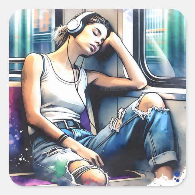 Adesivo Quadrado Mulher dormindo no metrô ouvindo música (Frente)