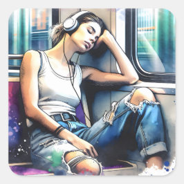 Adesivo Quadrado Mulher dormindo no metrô ouvindo música