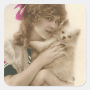 Adesivo Quadrado Mulher e cão antigos do Victorian da foto