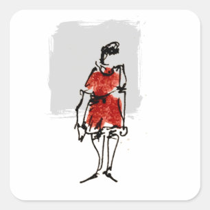 Adesivo Quadrado Mulher em Desenho Esboçado a Tinta de Vestido Verm