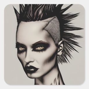 Adesivo Quadrado Mulher feroz em Mohawk e Piercings Gothic Punk