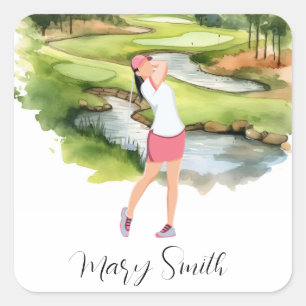 Adesivo Quadrado Mulher Golfer está jogando golfe na aquarela do ca