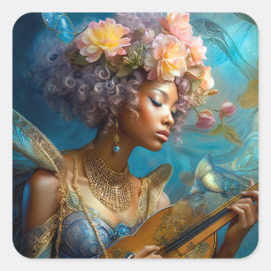 Adesivo Quadrado Mulher Jogando Lute African American Fantasy Art