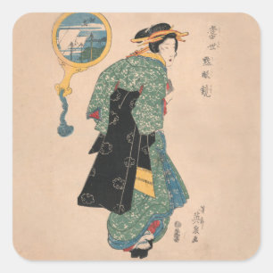 Adesivo Quadrado Mulher Kimono japonesa: Ukiyo-e Woodblock Impressã