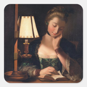 Adesivo Quadrado Mulher lendo por um tom de papel, 1766 (óleo ligad
