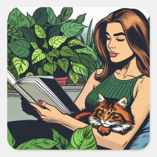 Adesivo Quadrado Mulher lendo um livro com um gato no colo