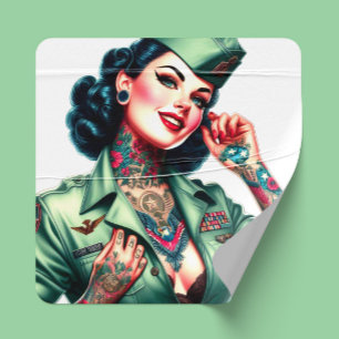 Adesivo Quadrado Mulher Militar Tatuada Vintage
