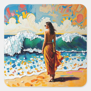 Adesivo Quadrado Mulher na Arte Abstrata de Praia à Beira-Mar