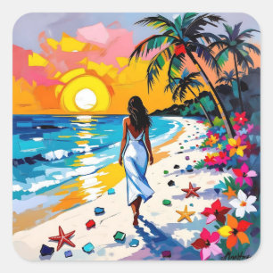 Adesivo Quadrado Mulher na Cena Tropical da Praia
