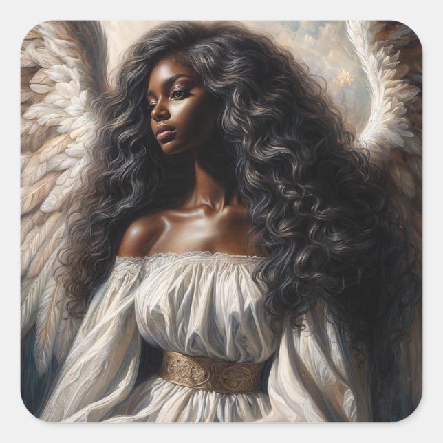 Adesivo Quadrado Mulher Negra Anjo Com Cabelo Longo (Frente)