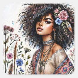 Adesivo Quadrado Mulher Negra Boho Com Cabelo Cacheado Aquarela