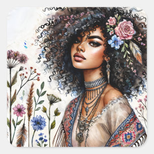 Adesivo Quadrado Mulher Negra Boho Com Cabelo Cacheado Aquarela
