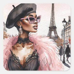 Adesivo Quadrado Mulher Negra Parisiense Chic na França Aquarela