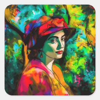Adesivo Quadrado Mulher no Chapéu Vermelho
