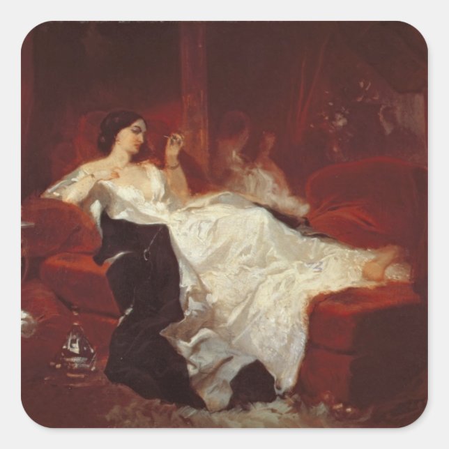 Adesivo Quadrado Mulher num sofá vermelho (Frente)