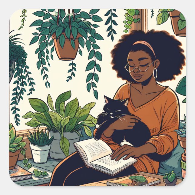 Adesivo Quadrado Mulher Relaxando com seu gato, livro e plantas (Frente)
