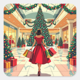 Adesivo Quadrado Mulher Retro Fazendo Compras de Natal no Meio do S