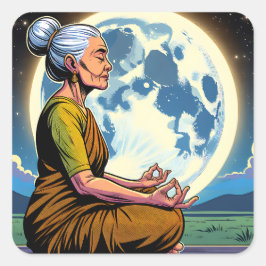 Adesivo Quadrado Mulher Velha Meditando Sob A Lua