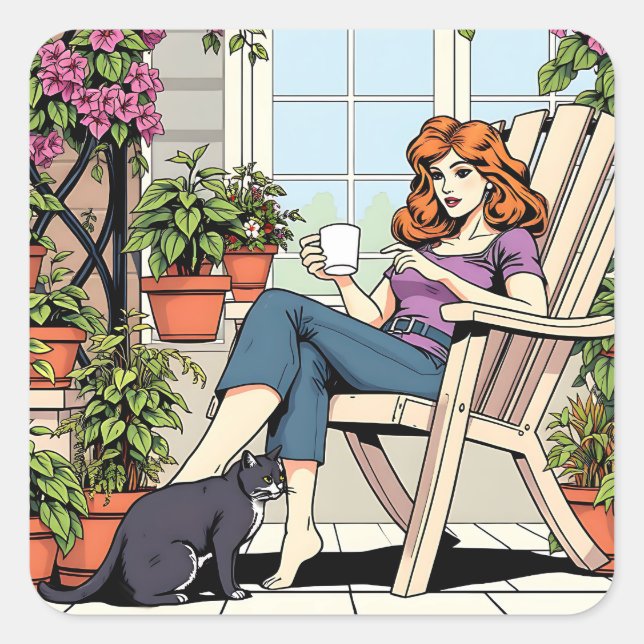 Adesivo Quadrado Mulheres com Café, Gato e Plantas (Frente)