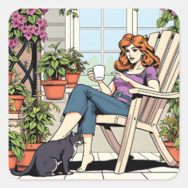 Adesivo Quadrado Mulheres com Café, Gato e Plantas