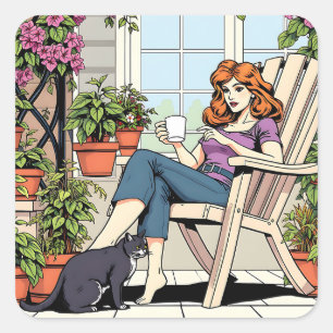 Adesivo Quadrado Mulheres com Café, Gato e Plantas