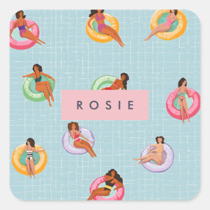 Adesivo Quadrado Mulheres de Verão Personalizadas Relaxando em Flux
