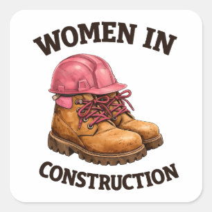 Adesivo Quadrado Mulheres na Construção com Botas de Trabalho e Cap